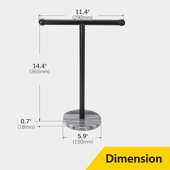 Black Hand Towel Holder Stand with Heavy Marble Base, T-Shape Towel Rack, Free-Standing for Bathroom Vanity Countertop, 304 Stainless Steel (Black)