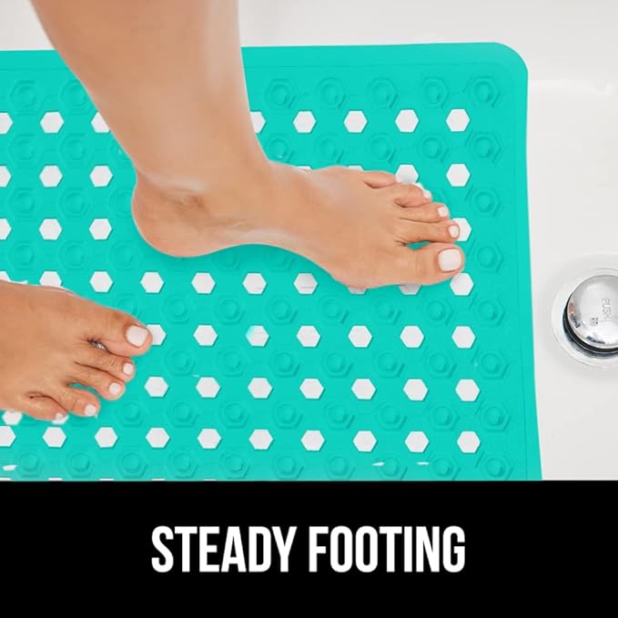 GORILLA GRIP Patented Bath Tub Shower Mat, Machine Washable Bathtub Floor Liner Mats, Suction Cups and Drain Holes to Keep Tubs Clean, Soft on Feet, Bathroom Essentials, 35x16 Inch, Turquoise Opaque