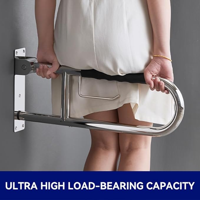 Toilet Grab Bar 31 Inch, BVTOURA Flip-Up Safety Rail with Soft Silicone Anti-Slip Finger-Grip Handle and Paper Holder, Stainless Steel U-Shaped Support Bar for Elderly Disabled, Brushed Nickel
