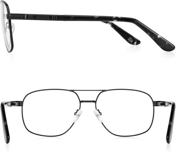 RB. Pilot Reading Glasses for Men Square Double Bridge Light Blocking Computer Readers Spring Hinge Metal Frame Acetate Legs