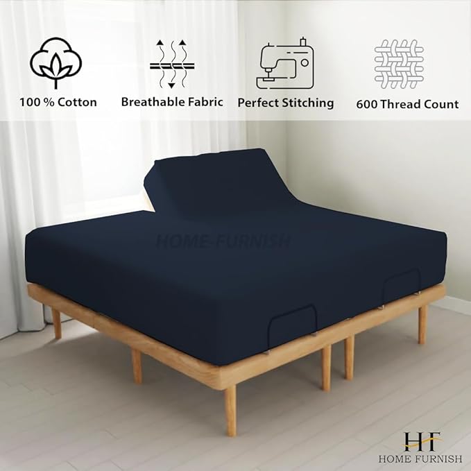 Top Split King Fitted Sheet Only for Adjustable beds, Split Down 39 inches from The Top, 600 Thread Count 100% Cotton Half Split Flex Head Fitted Sheet for Sleep Number Beds, Navy Blue
