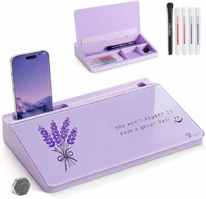 TOWON Small Compact Glass Desktop Whiteboard with Storage – 12 x 7 in Dry Erase Board for Desk, Home Office, School | Includes 5 Markers, Eraser & Holder | Space-Saving Organizer, Aesthetic Lavender