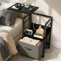 Swivel Lift Top Nightstand with Charging Station, 2-Tier 360° Adjustable Bedside Table, Rolling Night Stand with Wheels, Small End Table with Fabric Drawer, for Bedroom, Living Room, Black Gray
