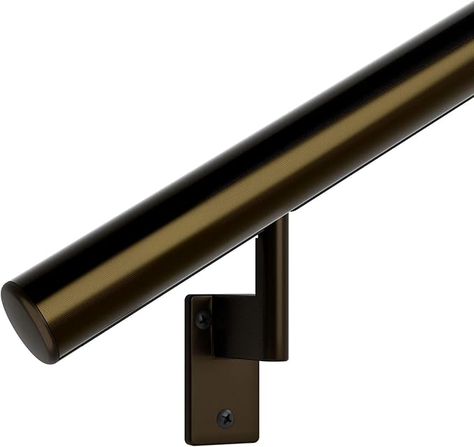 Promenaid 11ft Flush Handrail Kit - Architectural Bronze - Complete Indoor/Outdoor Handrail for Stairs - 1.6" Round Anodized Aluminum Railing - 4 Bronze Painted Wall Brackets & Flush Endcaps