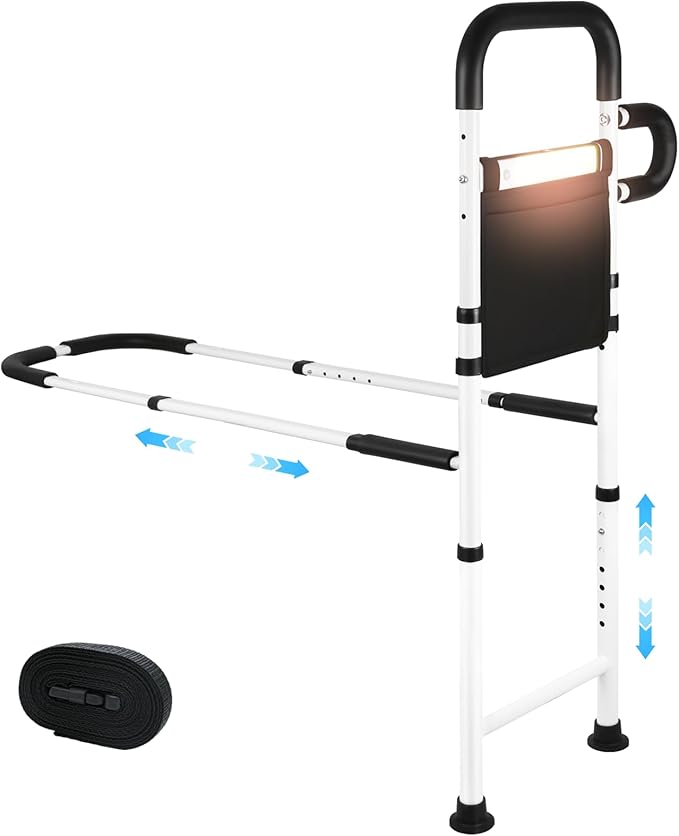 Bed Rails for Elderly Adults Safety with Motion Sensor LED Light - Adjustable Bed Assist Rails for Full Size, Portable Bed Cane for Seniors with Storage Pocket, Hold Up to 330 Lbs