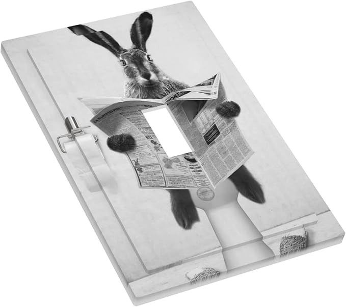 Funny Cute Grey Black Rabbit Reading Newspaper Single Toggle Light Switch Covers Decorative 1 Gang Wall Plates Cover Rustic Retro Western Animals Electrical Device Switchplate for Bathroom