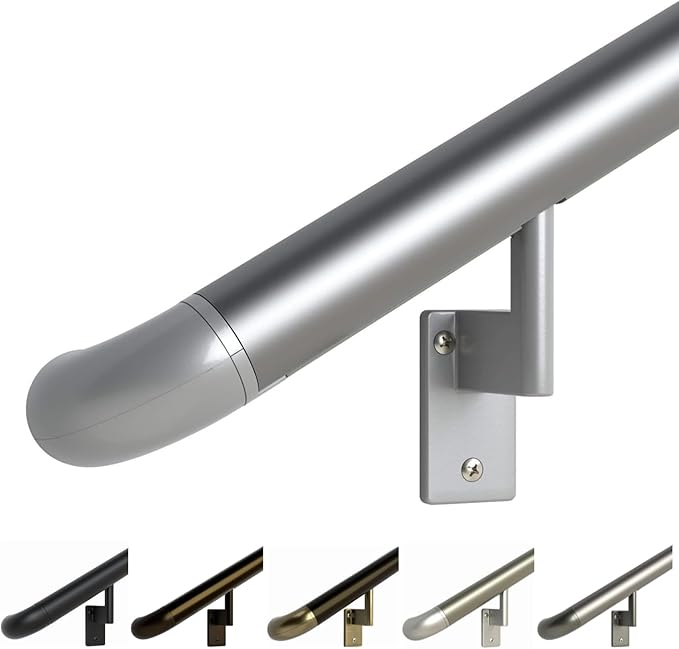 Promenaid 15ft ADA Handrail Kit - Silver - Complete Indoor/Outdoor Handrail for Stairs - 1.6" Round Anodized Aluminum Railing with 7 Silver Painted Pivoting Brackets & ADA Wall Returns