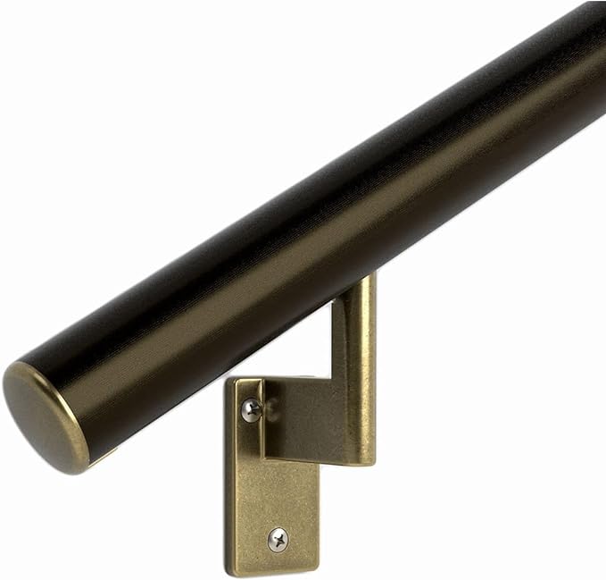 Promenaid 17ft Flush Handrail Kit - Architectural Bronze - Complete Indoor/Outdoor Handrail for Stairs - 1.6" Round Anodized Aluminum Railing With 6 Antique Brass Pivoting Wall Brackets & Flush Endcap