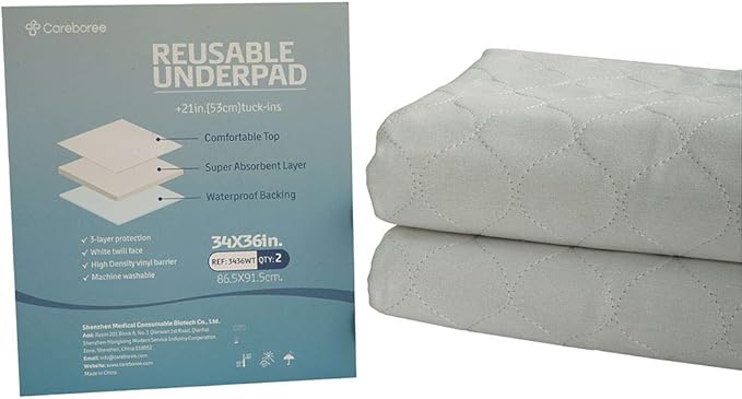 2 Pack Cotton Top-Layer Reusable Tuckable Underpads Incontinence Bed Pads 34"X36" Twin Size 21" Wings