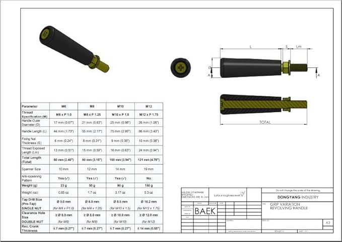 Revolving Handle M12 * P 1.75mm, L- 4.72" Knob Grip+ Added Double Nut, Metric Thread, Swivel Handwheel with Fixing Nut, Ready to use Immediately, Even Without Screw or tap Tools