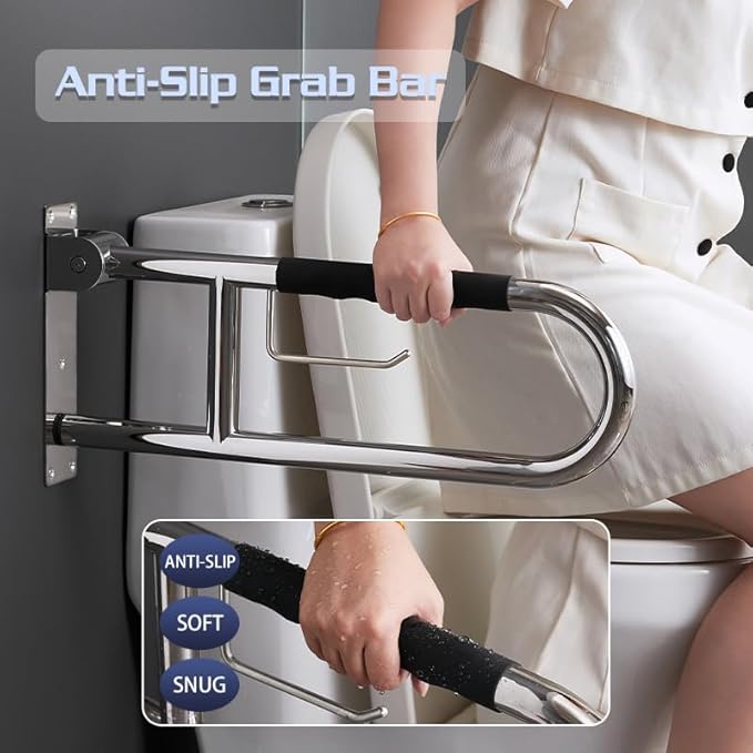 31 Inch Toilet Grab Bar, Flip-UpSafety Rail with Soft Silicone Anti-Slio Finger-Grio Handle andPaper Holder, Stainless Steel u-Shaped Support Bar for ElderlyDisabled, Polished Chrome