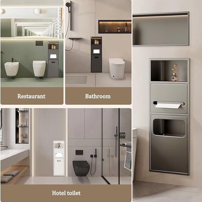 Recessed Stainless Steel Shower Shelf with Trash Can - Double-Tier Waterproof Organizer for Bathroom Storage (White, 63x20x13.5cm) - Space-Saving Solution