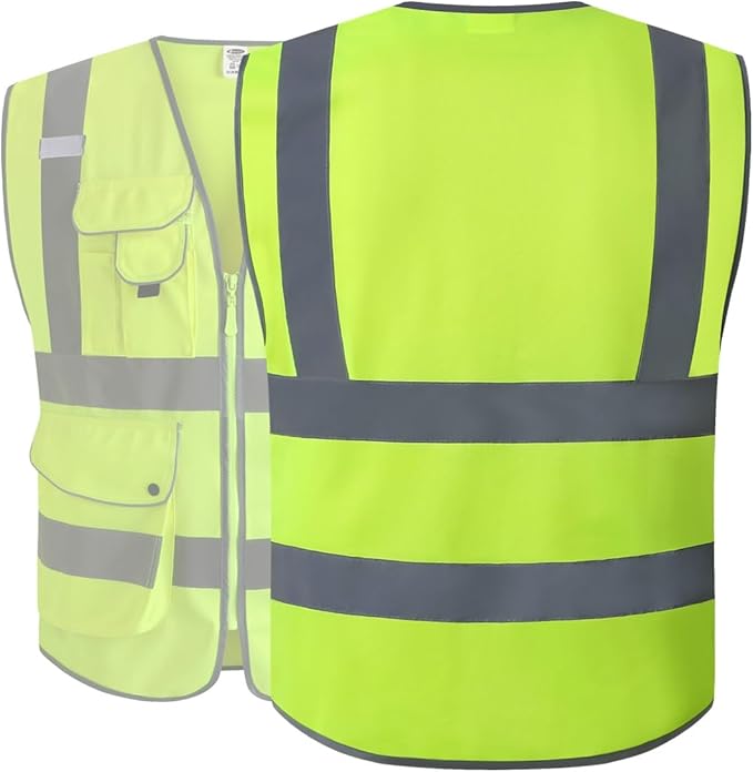 JKSafety 20 Pack 9 Pockets Class 2 High Visibility Zipper Front Safety Vest With Reflective Strips,Meets ANSI/ISEA Standard (Large, 156-Yellow)