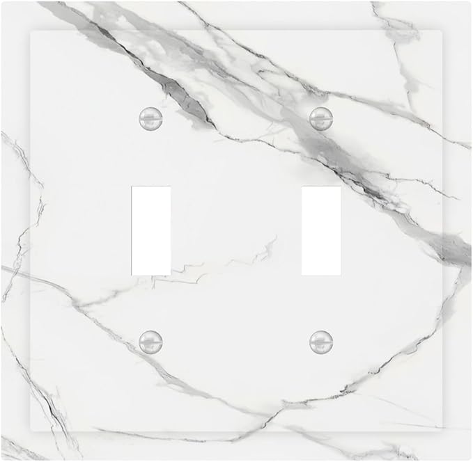White Marble Abstract Luxurious Print Decorative Switch Plates 2 Gang Double Toggle Outlet Light Switch Cover Wall Plate Electrical Faceplate for Bathroom Kitchen Home Decor