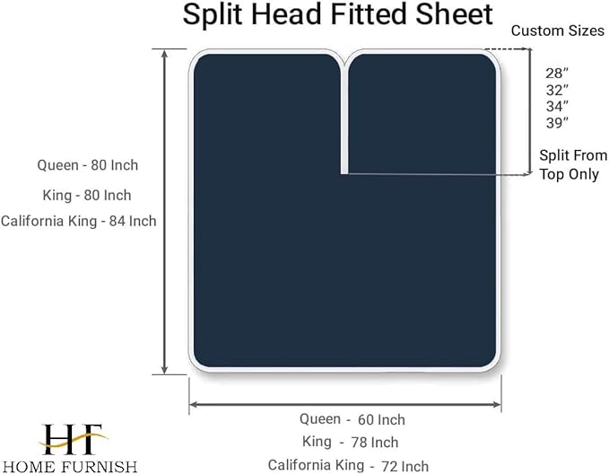 Top Split King Fitted Sheet Only for Adjustable beds, Split Down 39 inches from The Top, 600 Thread Count 100% Cotton Half Split Flex Head Fitted Sheet for Sleep Number Beds, Navy Blue