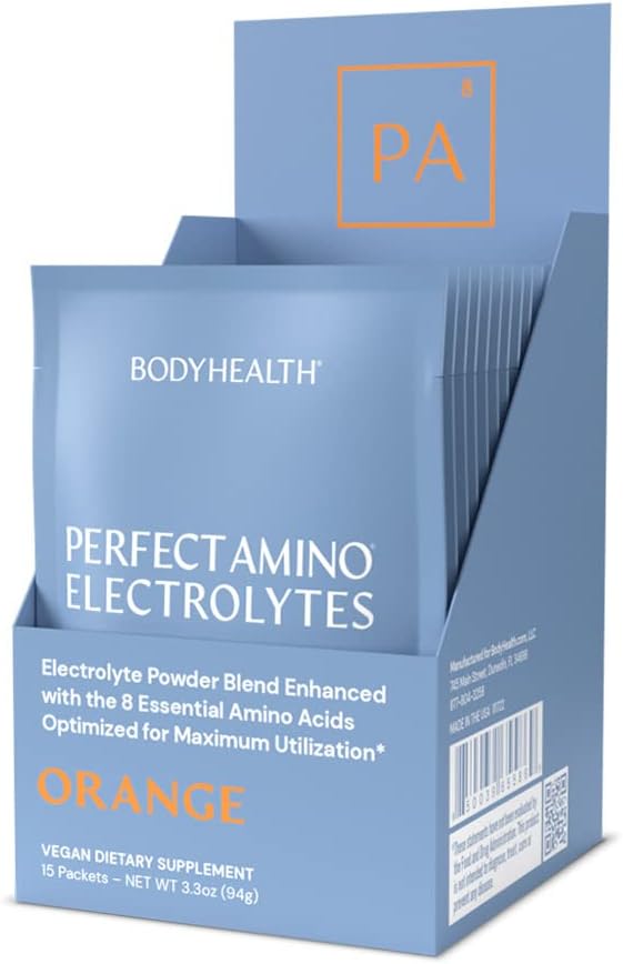 BodyHealth PerfectAmino Electrolytes Powder No Sugar, Keto Sugar Free Fasting Electrolytes Drink Mix, Hydration Powder with Trace Minerals - Orange - 15 Servings