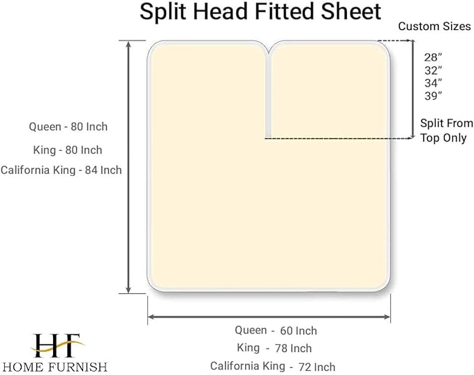 Top Split King Fitted Sheet Only for Adjustable beds, Split Down 39 inches from The Top, 600 Thread Count 100% Cotton Half Split Flex Head Fitted Sheet for Sleep Number Beds, Ivory
