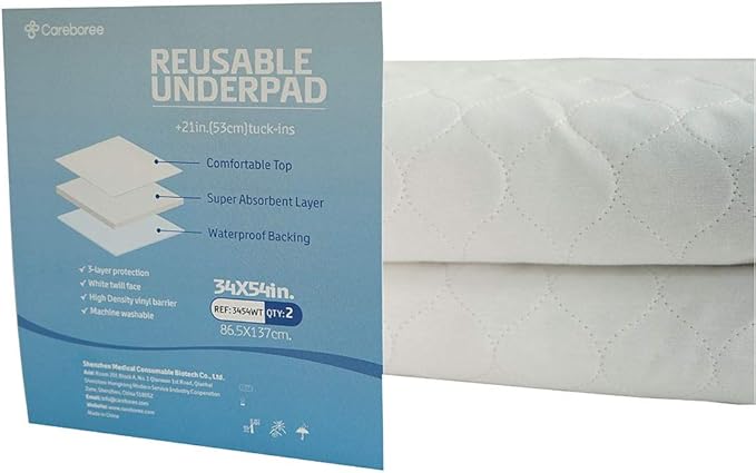 2 Pack Cotton Top-Layer Reusable Tuckable Underpads Incontinence Bed Pads 34"X54" Full Size 21" Wings
