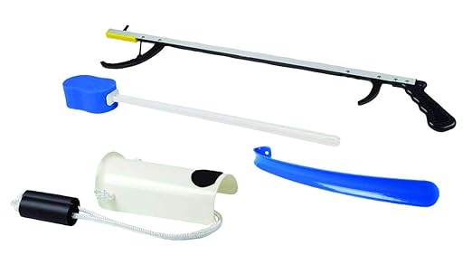 FabLife Hip Kit Daily Living Aids for People with Limited Mobility Due to Hip Replacement or Knee and Back Surgery. Includes: Grabber Reacher, Bath Sponge Stick, Sock Aid, Shoehorn, Dressing Stick.