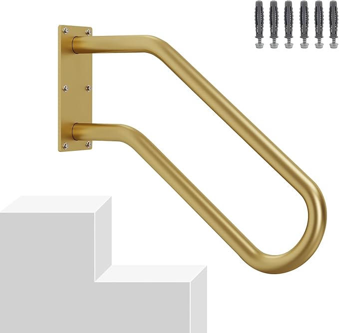 Hand Rails for Outdoor 1-2 Steps, Indoor Stairs, Bathroom, Wall Mount Non-Slip U-Shape Stair Hand Railing Gold 1 Pack