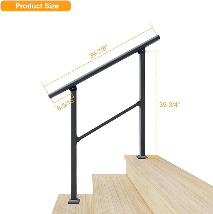 DIYHD 3 Step Handrail for Outdoor,Powder Coated Iron Stair Railing,Black Hand Rails for Indoor, Porch,Deck,1 Pack