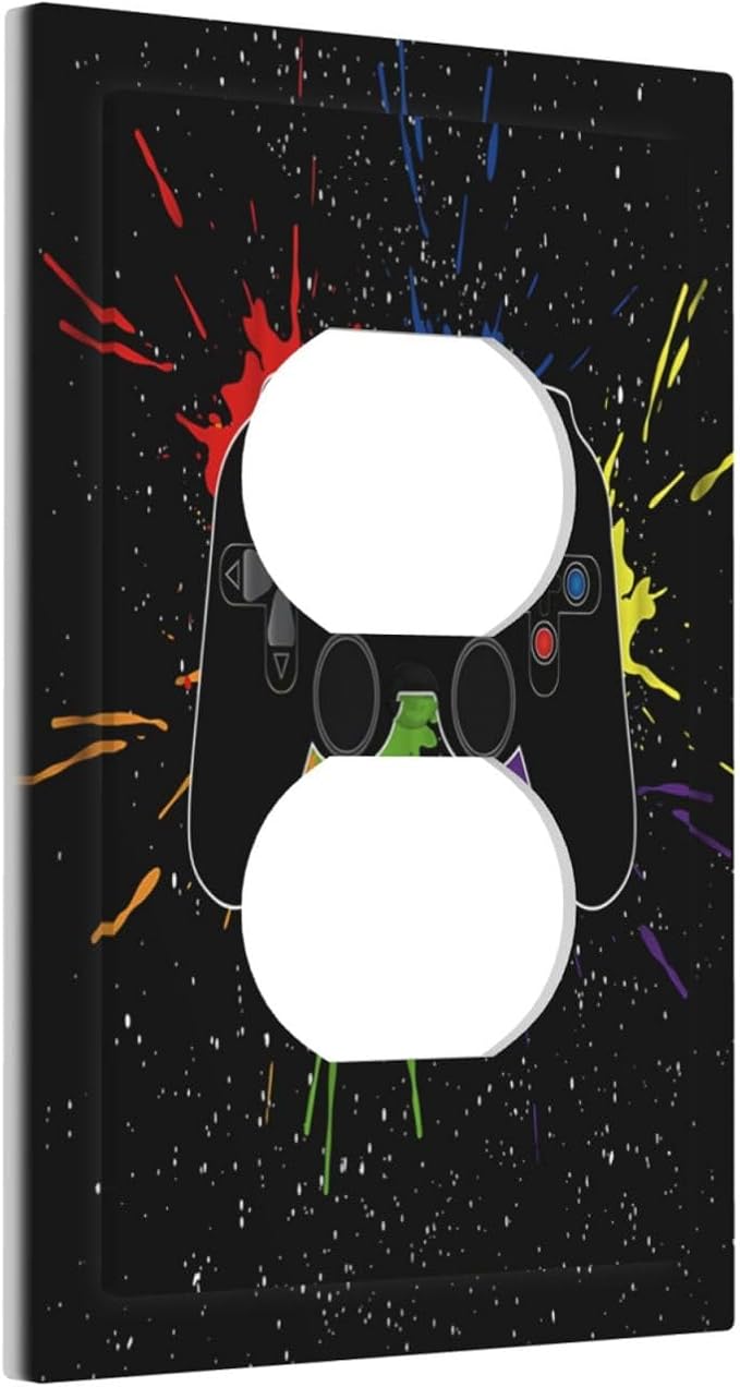 Classic Videogames Controller Black Splash Ink Colorful Outlet Covers 1 Gang Duplex Light Switch Cover Decorative Switch Plates Electrical Receptacle Faceplate Wall Plate for Kids Room Nursery Decor
