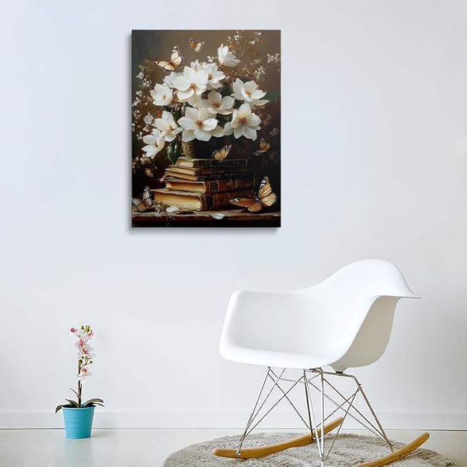 Framed Floral Book Butterfly Vintage Picture Wall Decor Gift Retro Bible Print Poster Rustic Painting Flower Canvas Wall Art for Living Room Bedroom Artwork (12"x16")