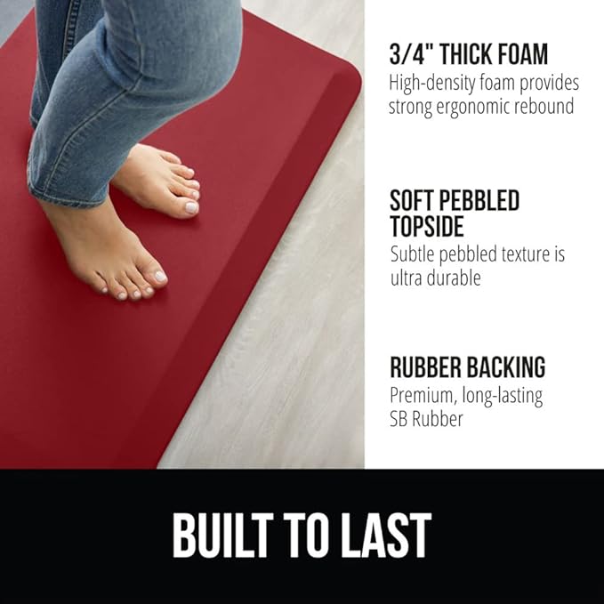 GORILLA GRIP Comfortable Cushioned Kitchen Mats for Floor, 48x20, Waterproof and Stain Resistant Soft Top, 3/4 Inch Thick Ergonomic Standing Desk Anti Fatigue Mat, Foam Supports Ankles and Feet, Red