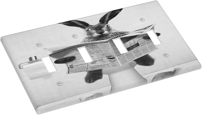 Funny Cute Grey Black Rabbit Reading Newspaper Quad Toggle Light Switch Covers Decorative 4 Gang Wall Plates Cover Rustic Vintage Western Animals Electrical Device Switchplates for Bathroom