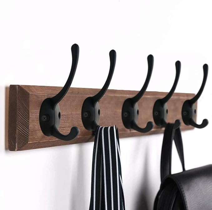 IBosins 12 Pack Black Coat Hooks Wall Mounted with 24 Screws Retro Double Hooks Utility Black Hooks for Coat, Scarf, Bag, Towel, Key, Cap, Cup, Hat