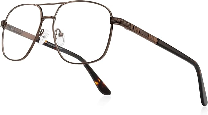 RB. Pilot Reading Glasses for Men Square Double Bridge Light Blocking Computer Readers Spring Hinge Metal Frame Acetate Legs