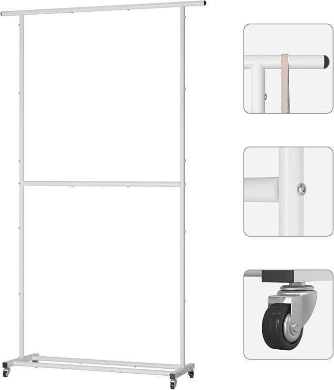 Sywhitta Double Rod Clothing Garment Rack, Rolling Clothes Organizer on Wheels for Hanging Clothes, Easy to Assemble, Adjustable, White