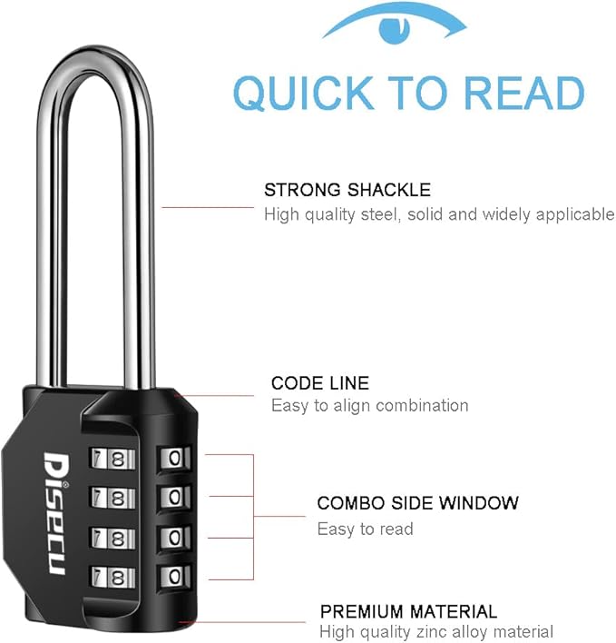 1 Pack disecu 4 Digit Combination Lock, 2.6 Inch Long Shackle Outdoor Waterproof Padlock with Heavy Duty Steel Cable for Bike, Gate, Fence (Black)