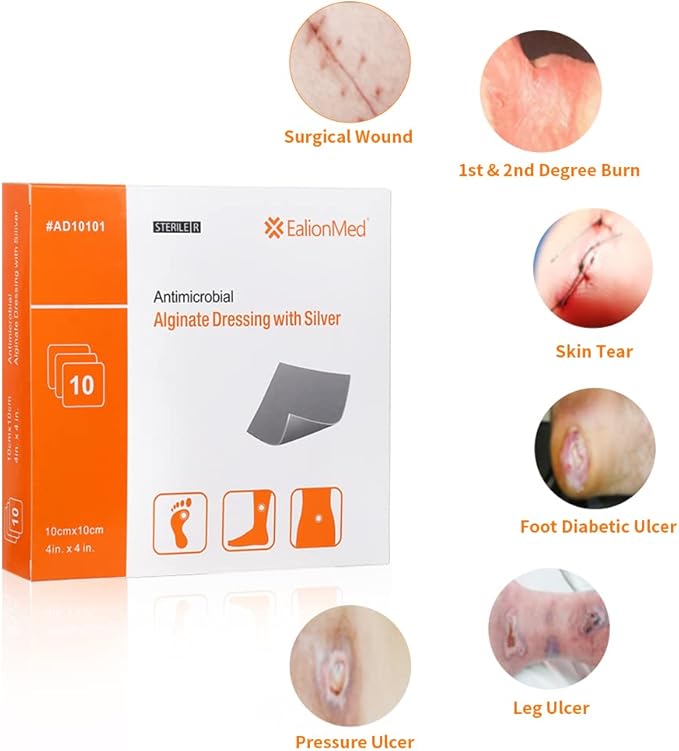 Silver Calcium Alginate Wound Dressing Pad 4''x4'', 10 Packs, High Absorbency Non-Stick Ag Gauze Patch for Pressure Ulcer,Bed Sore,Leg Sore,Diabetic Foot Ulcer
