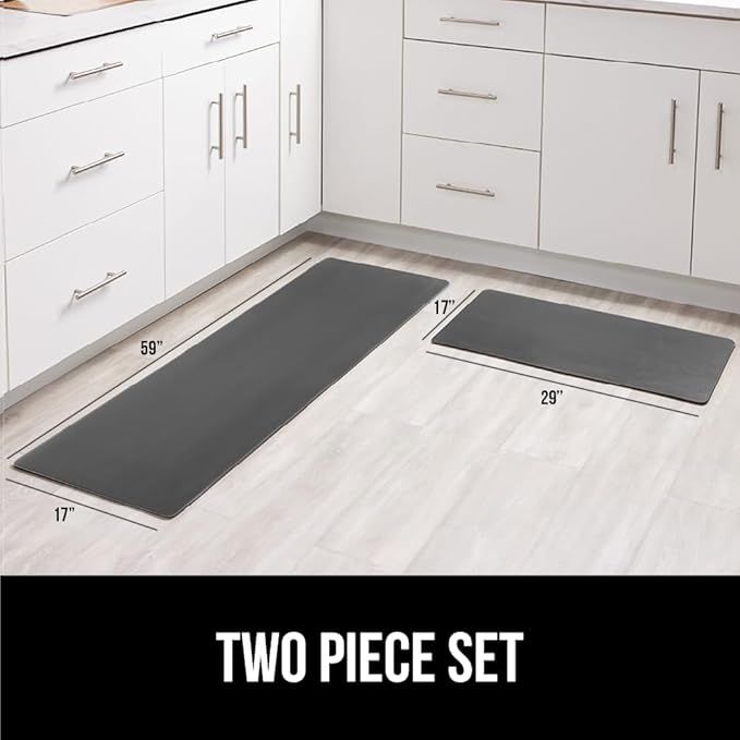GORILLA GRIP 2 Pack Comfortable Cushioned Kitchen Mats for Floor, 17x24 + 17x48, Waterproof, Stain Resistant, 1/2 Inch Thick Soft Ergonomic Standing Desk Anti Fatigue Mat, Foam Supports Feet, Charcoal