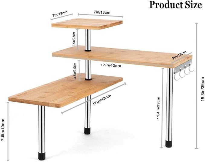 HYNAWIN 3-Tier Corner Shelf, Bamboo & Metal Storage Rack with Hooks, Adjustable Countertop Organizer for Kitchen, Bathroom, Bedroom or Office