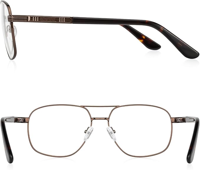 RB. Pilot Reading Glasses for Men Square Double Bridge Light Blocking Computer Readers Spring Hinge Metal Frame Acetate Legs