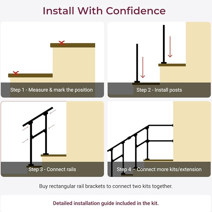 CR Fence & Rail Handrails for Outdoor Steps & Indoor Stair Railing Kit, 3-4 Steps Safety Hand Rail for Porch & Deck