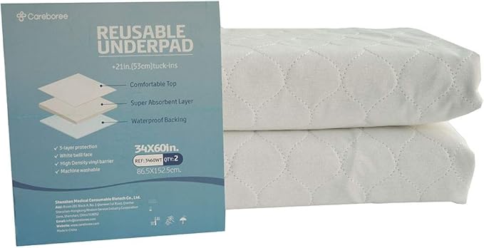 Pack of 2 Cotton Top-Layer Reusable Tuckable Underpads Incontinence Bed Pads Queen 34"X60" Washable 21" Wings