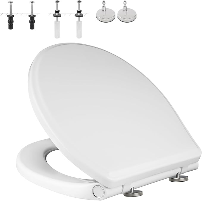 Universal Elongated Toilet Seat with Softclose Cover, One-Click to Quick Release, Compatible with TOTO/Gerber/Kohler Oval Toilet Seats, 2-Pack Toilet Bolts and Nuts, Non-Slip Toilet Bumpers, White