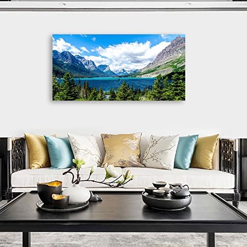 Landscape Canvas Wall Art for Living Room Wall Decor Glacier National Park Canvas Pictures Blue Sky Mountain Forest Nature Painting Artwork Office Home Decorations Framed Ready to Hang 29" x 58"