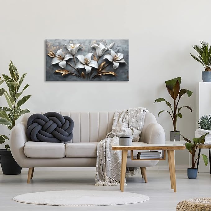 White Flowers Wall Art for Bedroom Canvas Painting Prints Beautiful Floral Gold Leaves Gray Modern Artwork Office Girls Decor