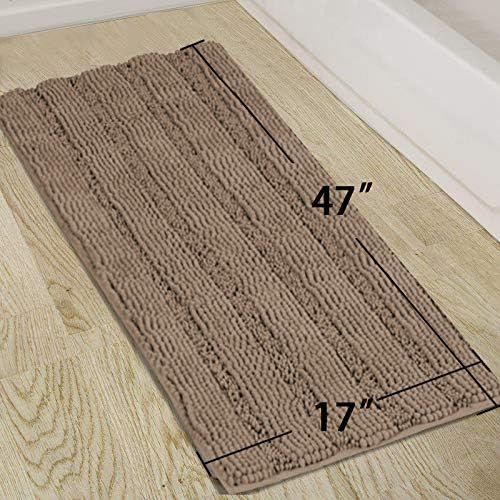 Turquoize Chenille Extra Long Shaggy Absorbent Non-Slip Bath Mat/Runner: 47" X 17" Taupe Brown