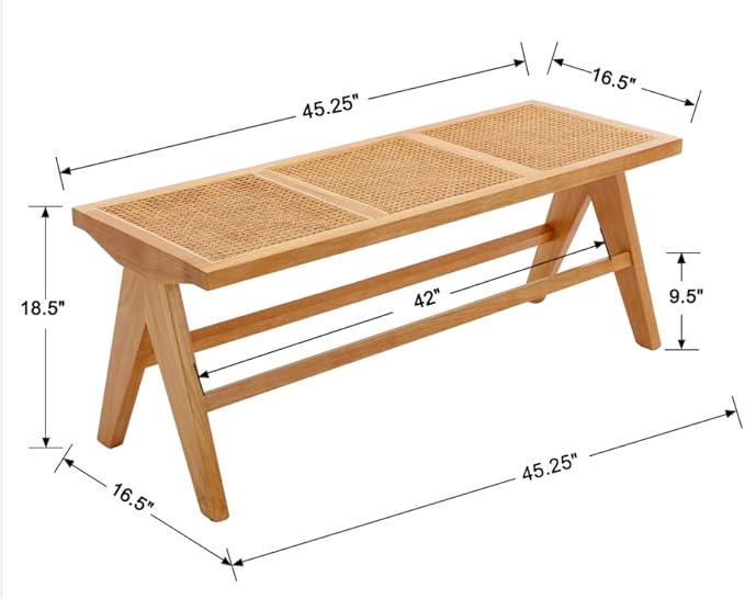 Farmhouse Rattan Entryway Bench, Wood Cane Dining Bench Long Seat with Footrest, Wicker End of Bed Storage Bench for Bedroom Living Room Dining Room Hallway, Natural