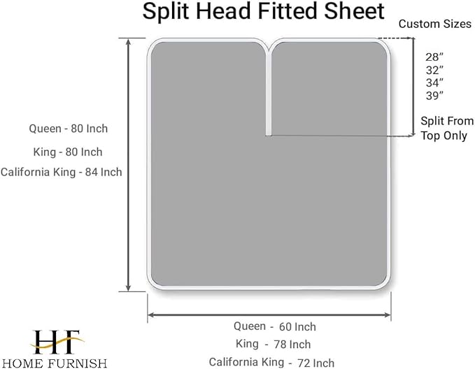 HOME-FURNISH Top Split Queen Fitted Sheet for Adjustable beds, 1 PC Half Only Down 28 inches from The Top, 600 Thread Count 100percent Cotton Queen, Silver Solid, inch