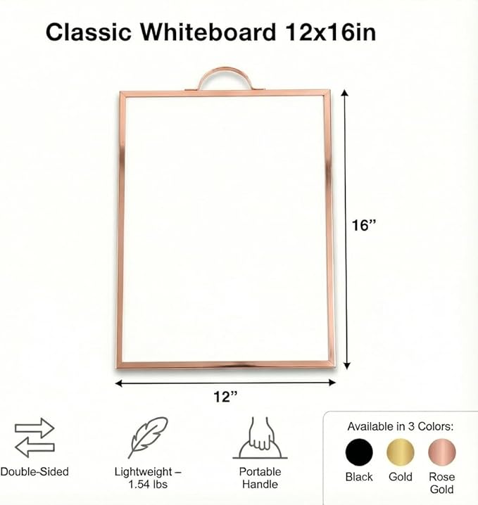 Small Whiteboard 12 x 16 Inch Magnetic Dry Erase Board with Handle | Rose Gold Aluminum Frame | Double-Sided Portable Board for Home, Office, Reception, Events | 2 Markers, Eraser & 2 Magnets