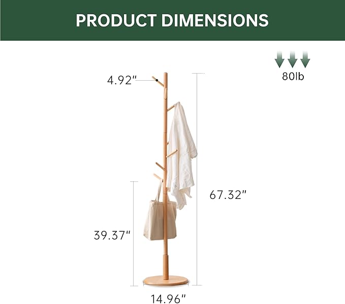 Solid Wood Coat Rack, Freestanding Coat Rack for Entryway, Hallway, Bedroom, Living Room, 15" x 15" x 67.3", Natural