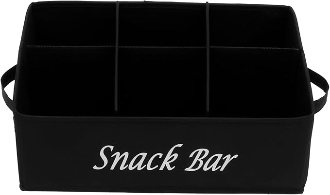 Snack Organizer for Countertop, 6 Compartment Snack Basket Container, Trapezoid Fabric Snack Bin Holder with Side Handles,Lightweight Snack Bar Station Organizer, Kitchen Pantry Storage (Black)