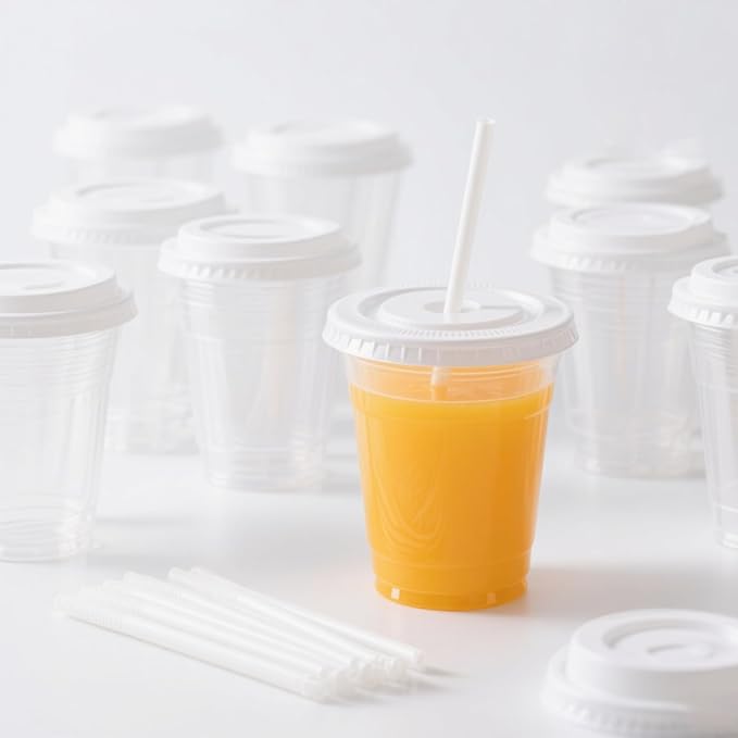12 oz 100 Pack Disposable Clear Plastic Cups with Lids and Straws, Food Safe Bulk Iced Coffee Cups for Smoothies, Milkshakes and Other Cold Drinks
