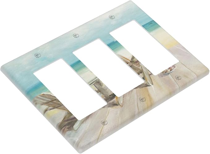 Light Switch Cover Beach Chair Seascape Blue Ocean 3 Gang Wall Plate Triple Light Switch Plate Modern Coastal Rocker GFCI Outlet Covers Decorative Receptacle Cover for Bathroom Bedroom Decor
